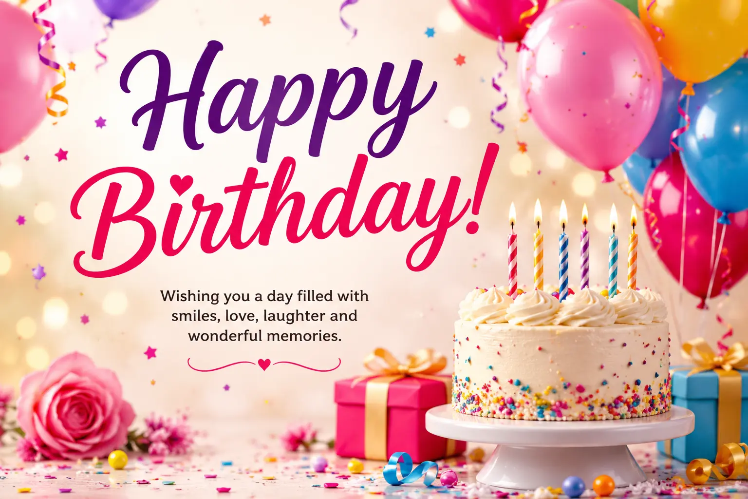 Colorful happy birthday wishes image with birthday cake, balloons, candles, gifts, and festive party decorations.