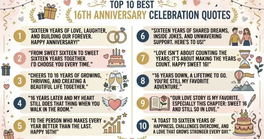 Top 10 Best 16th Anniversary Celebration Quotes